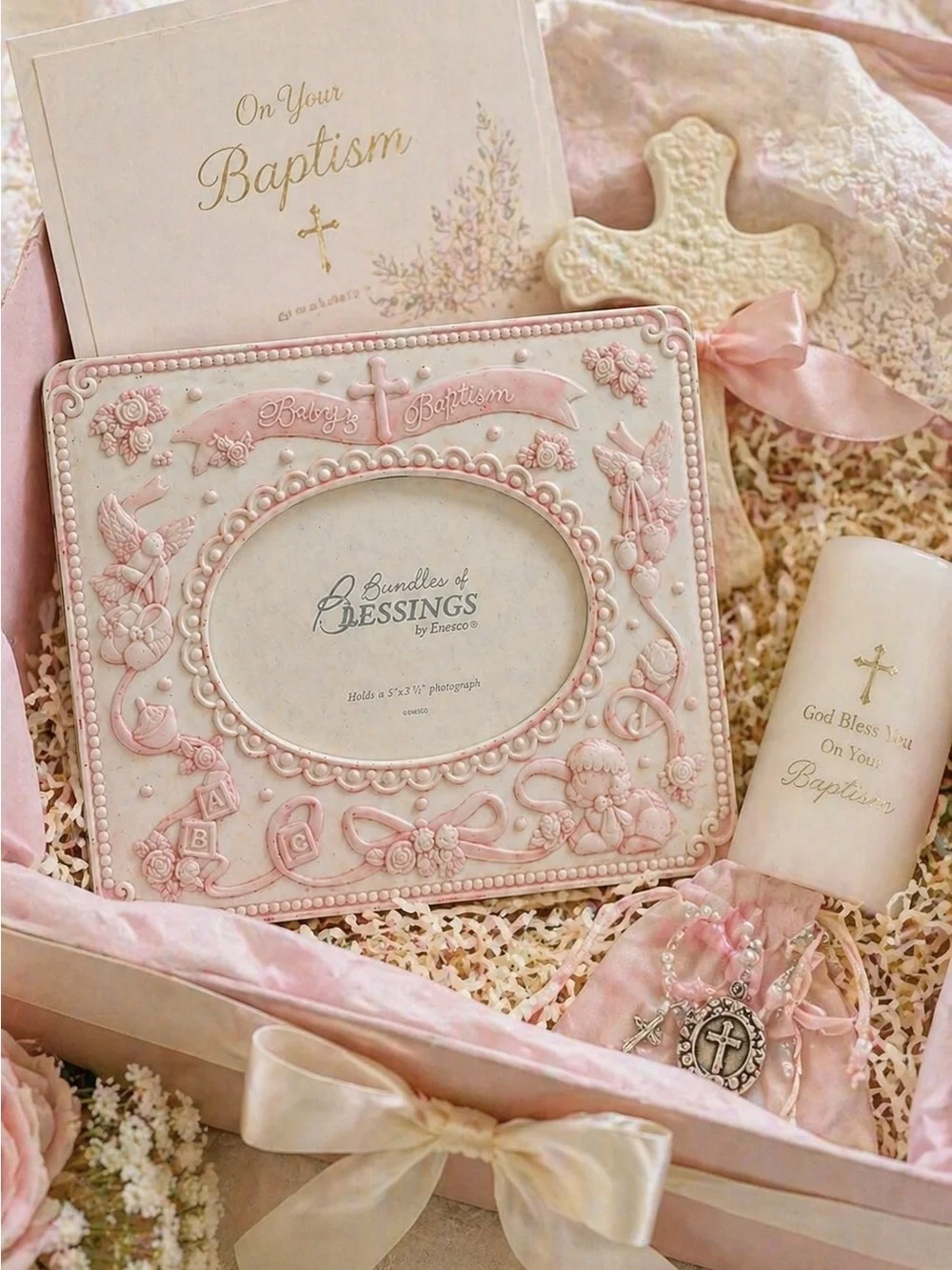 ENESCO Baby Baptism Picture Frame Bundle of Blessings Pink Ivory Vintage NWT